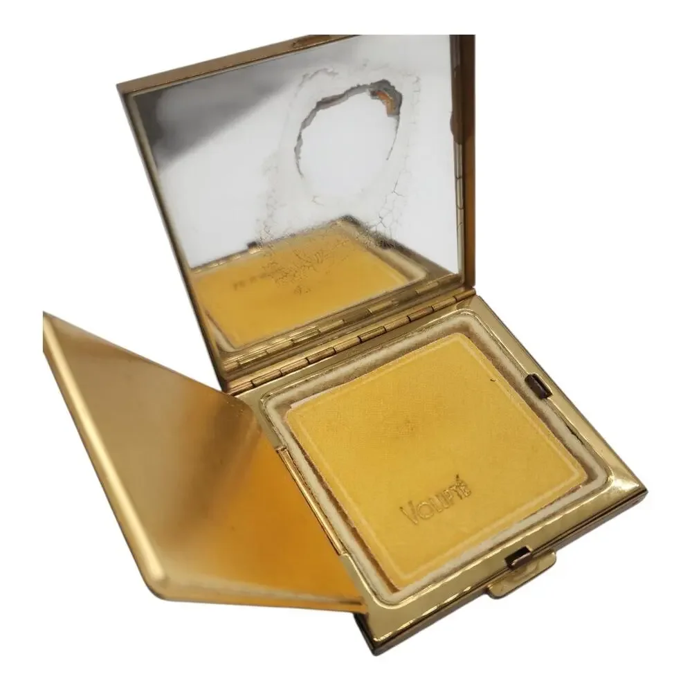 Vintage Volupte Black Gold Scroll Powder Compact Mirror Puff Unused Orig Card